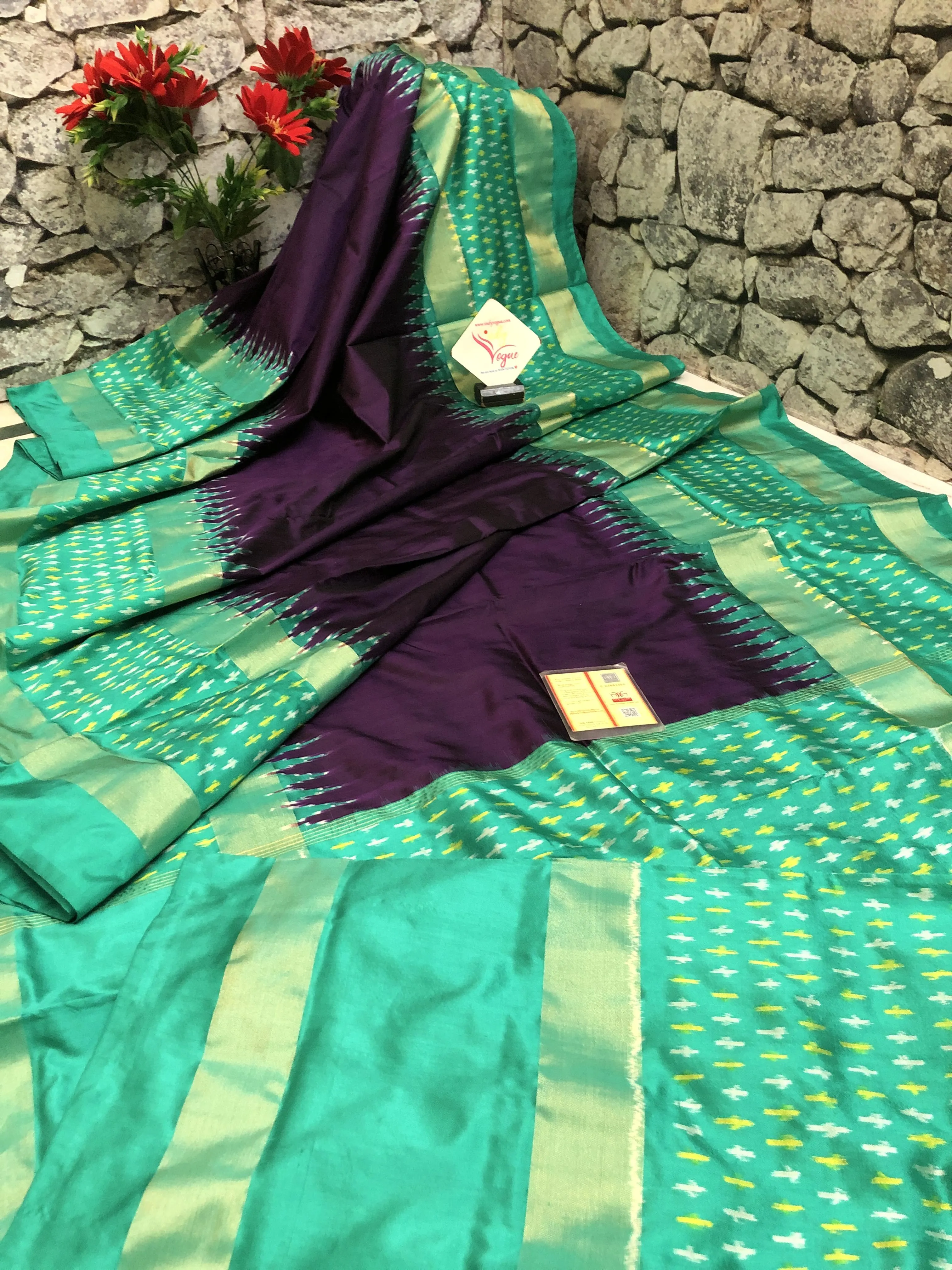 Green and Purple Color Pure Ikat Silk Saree