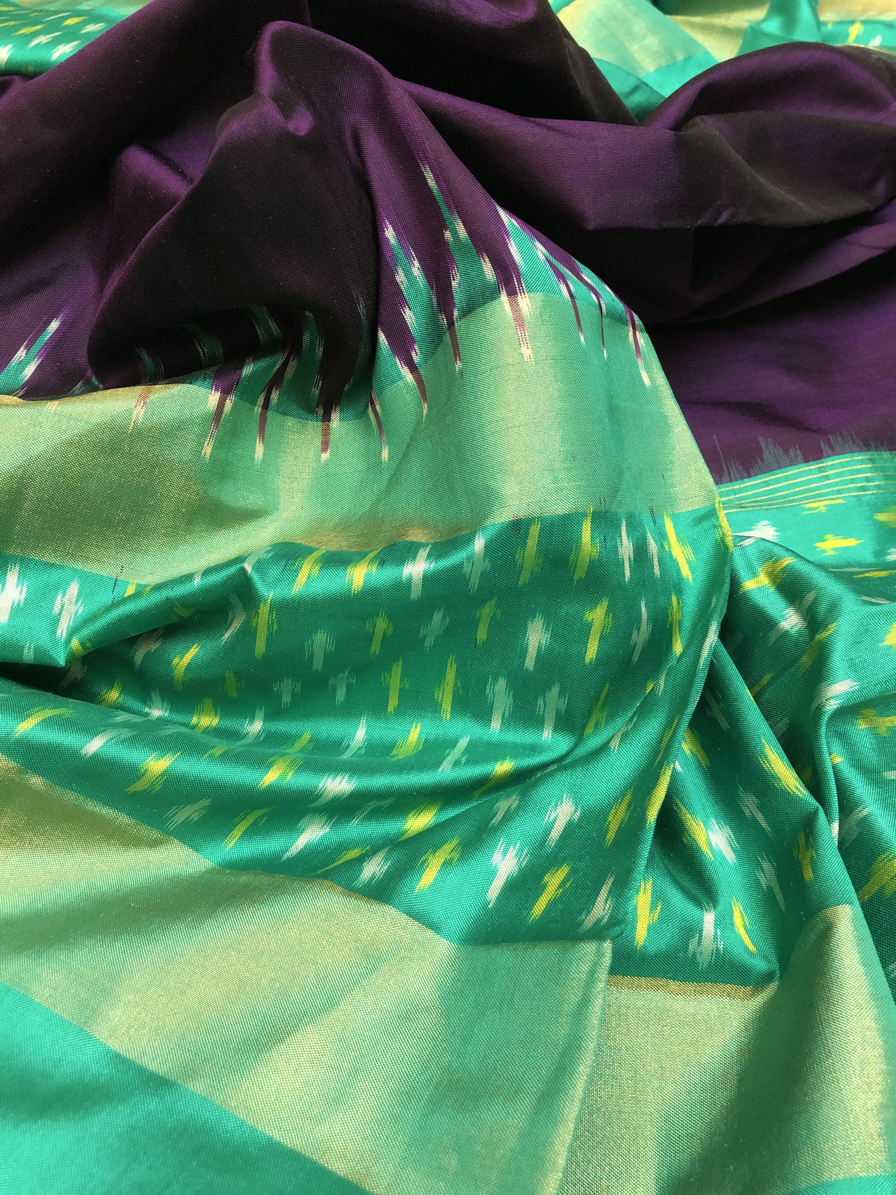 Green and Purple Color Pure Ikat Silk Saree