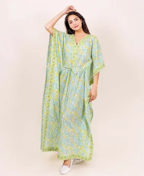 Green Block Printed Kaftan Lounge Wear