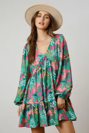 Green Floral V-Neck Ruffle Hem Dress