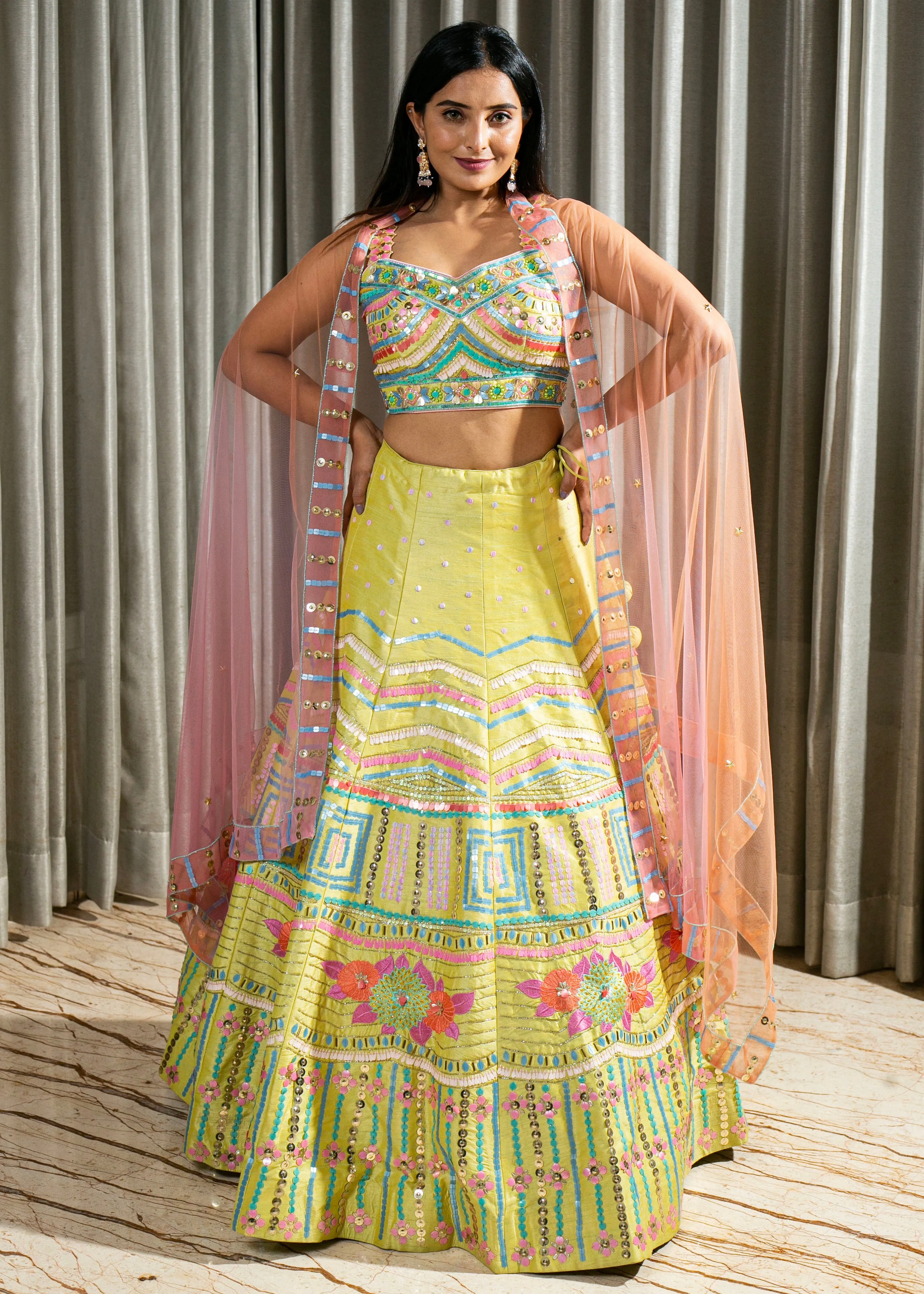 Hand Embroidered Designer Silk Lehenga in Lime Green