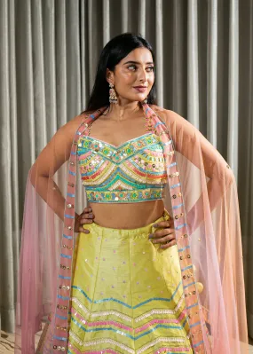 Hand Embroidered Designer Silk Lehenga in Lime Green