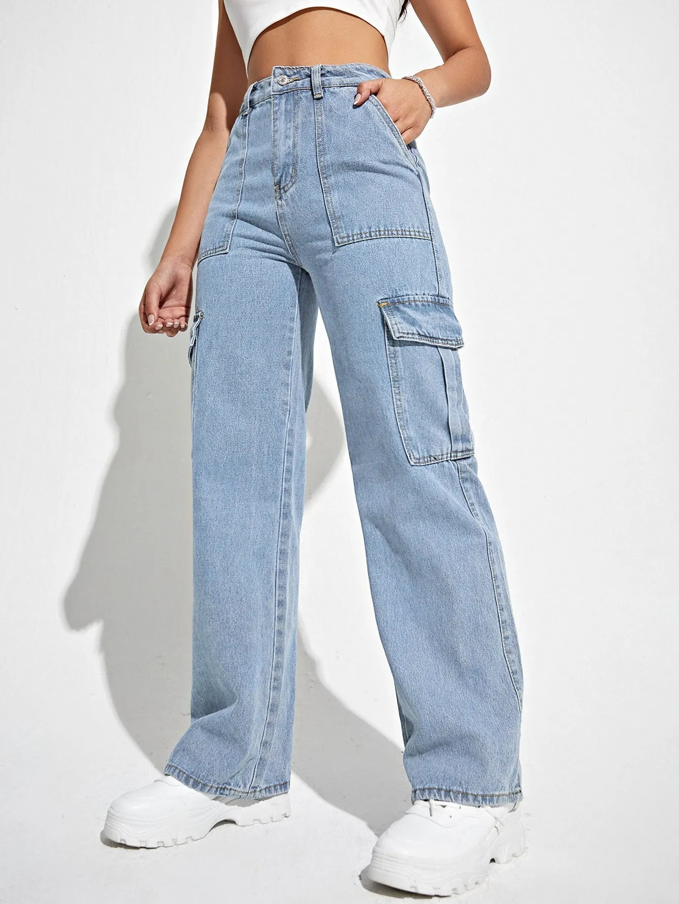 High Waist Flap Pocket Side Cargo Jeans