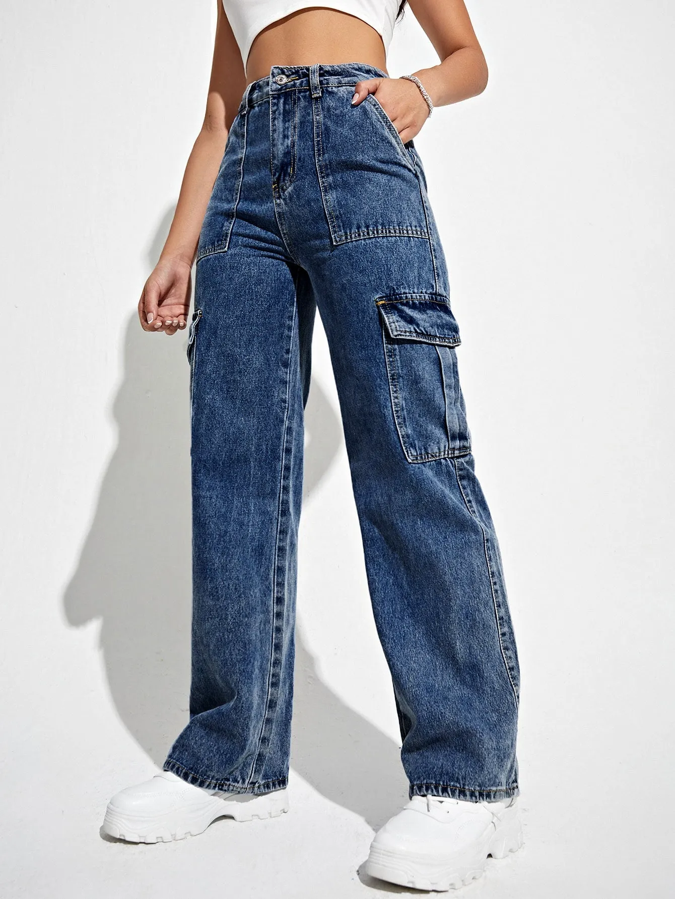 High Waist Flap Pocket Side Cargo Jeans