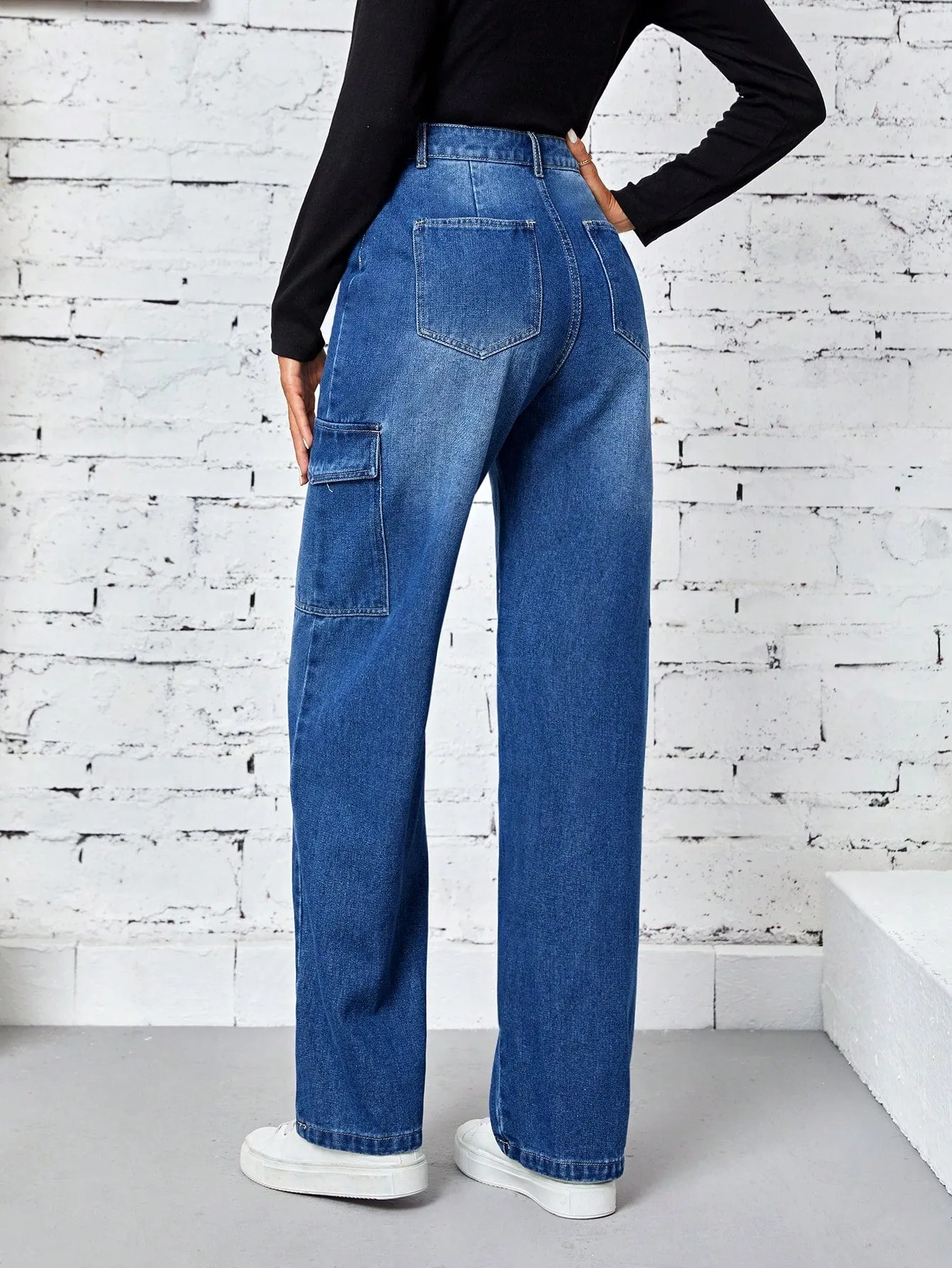 High Waist Flap Pocket Side Cargo Jeans