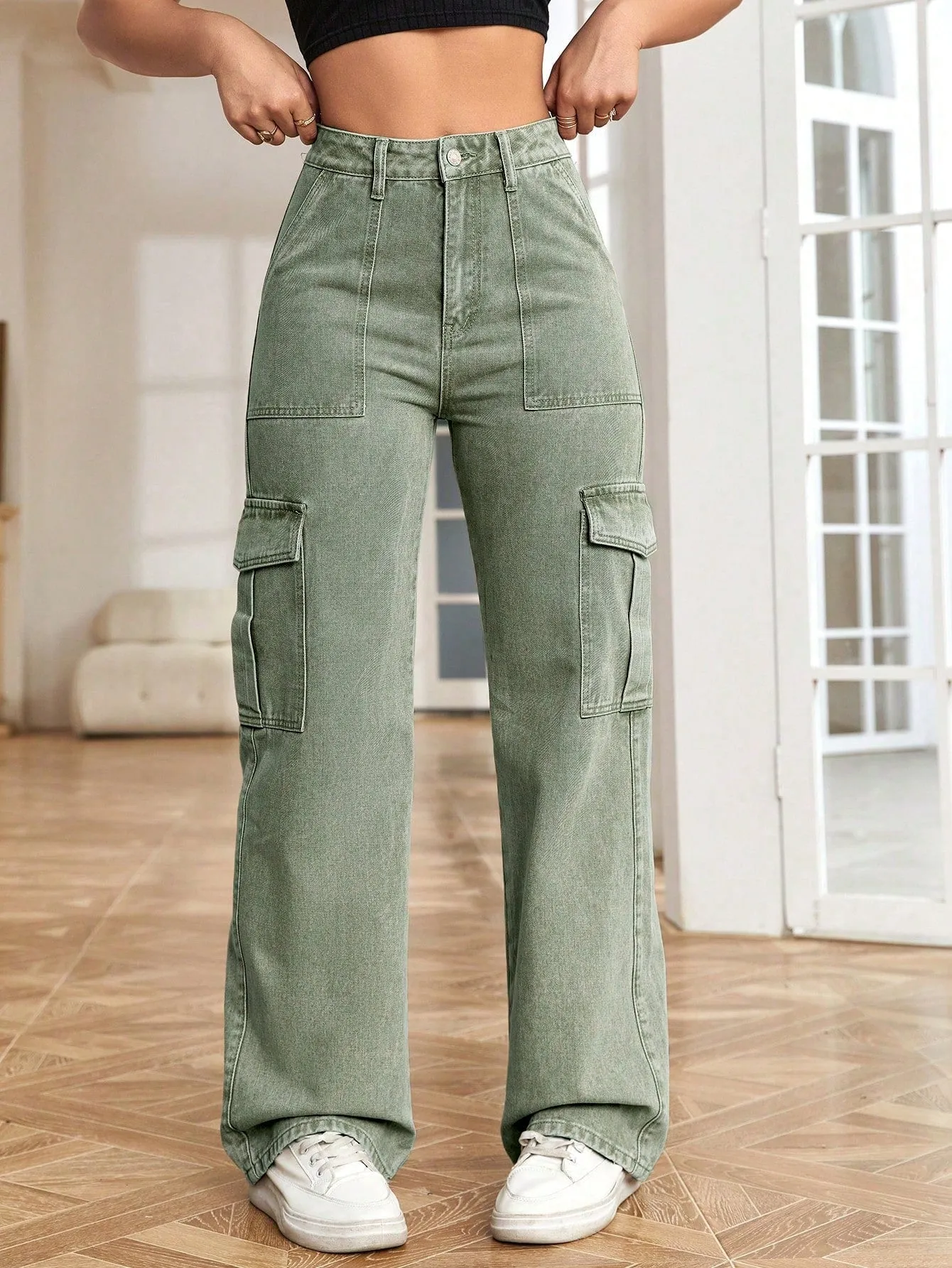 High Waist Flap Pocket Side Cargo Jeans