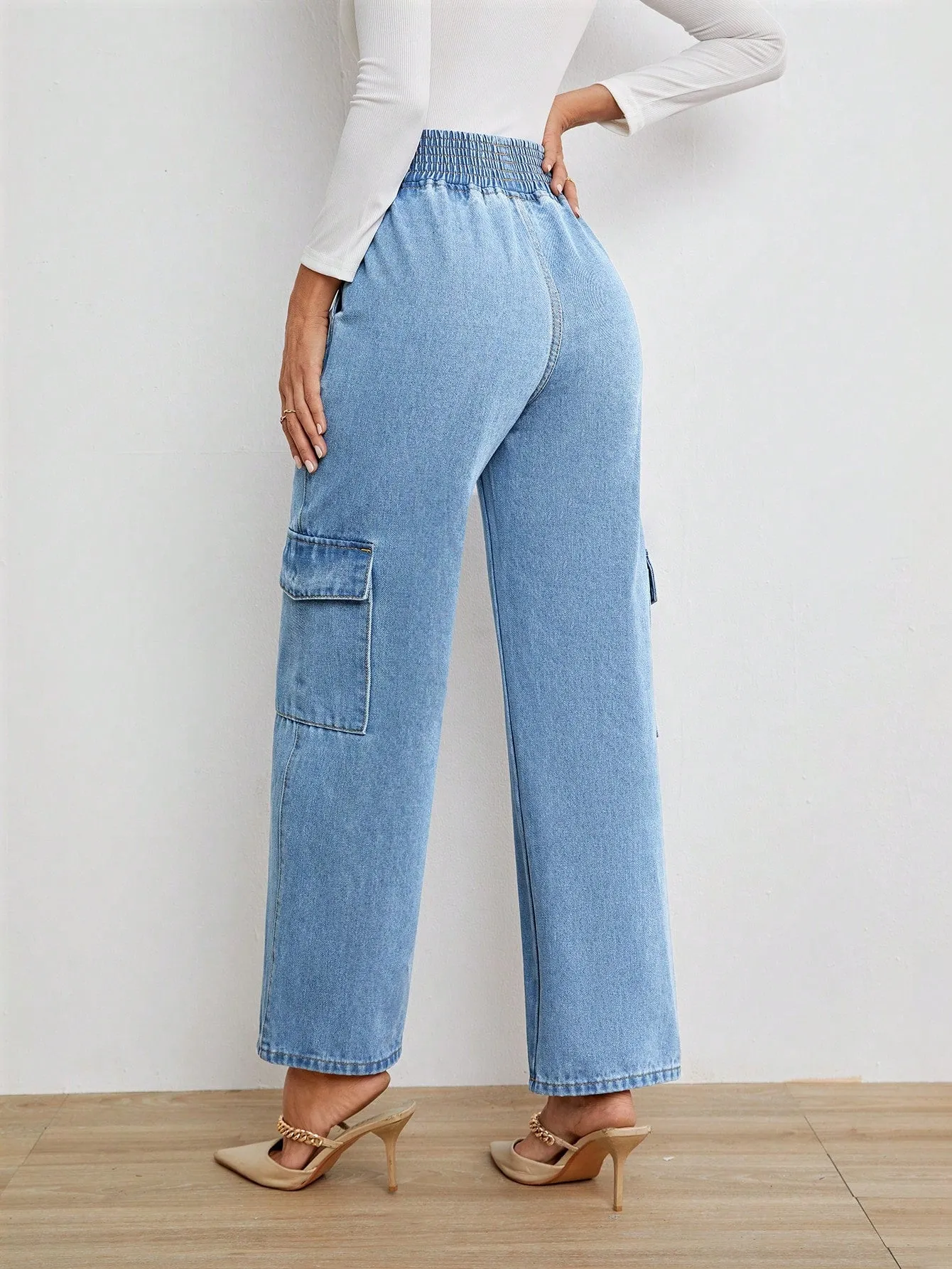 High Waist Flap Pocket Side Cargo Jeans