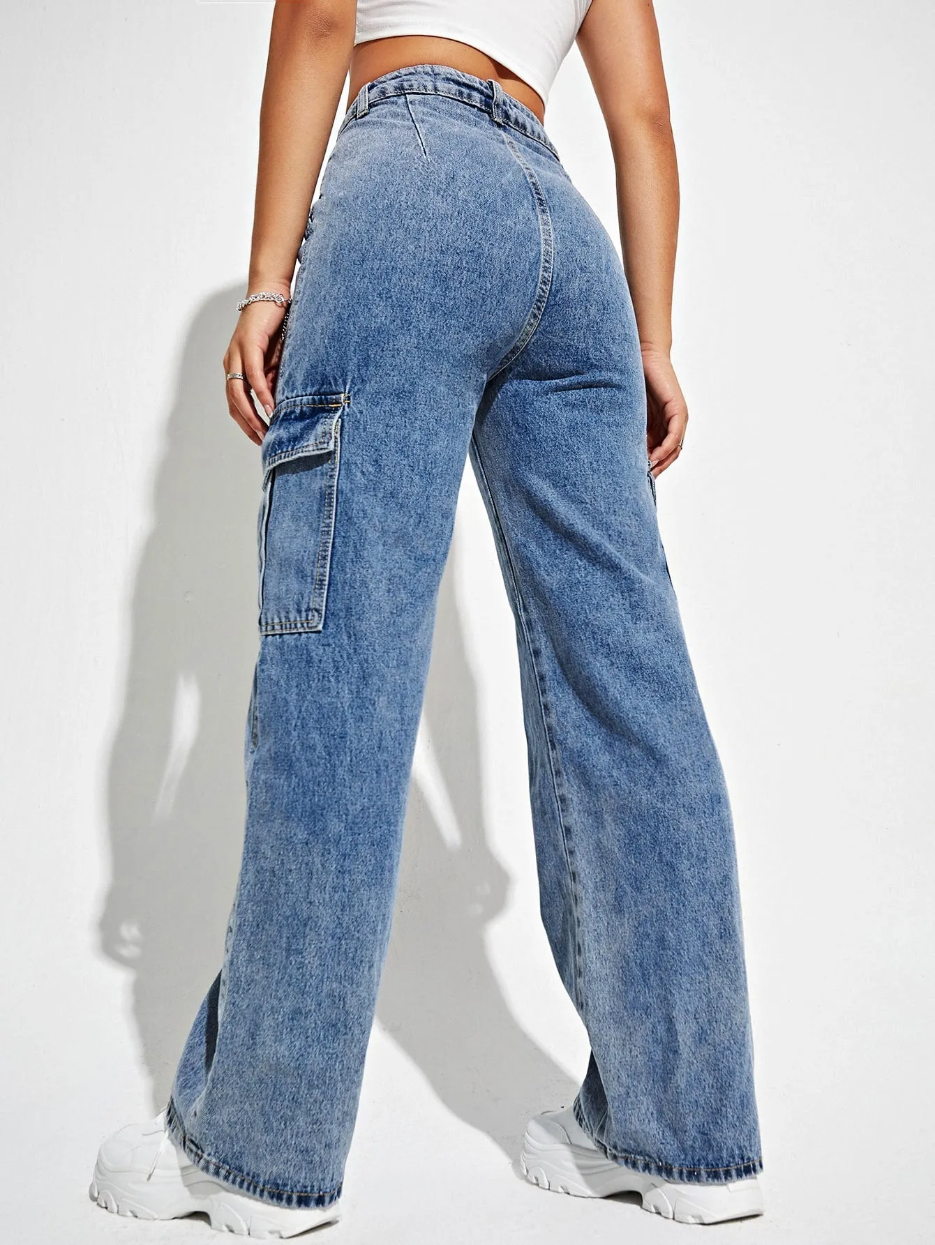 High Waist Flap Pocket Side Cargo Jeans