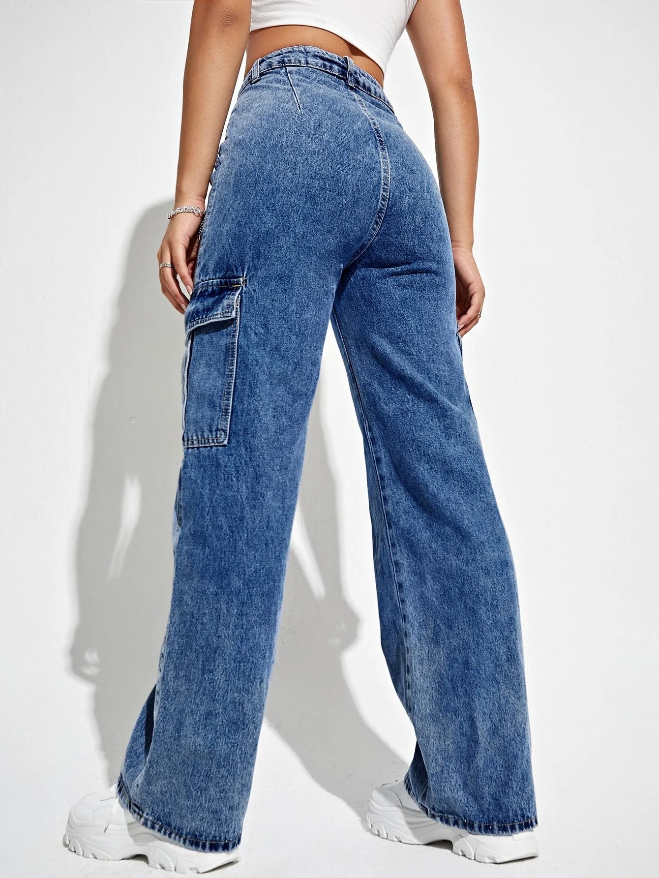 High Waist Flap Pocket Side Cargo Jeans