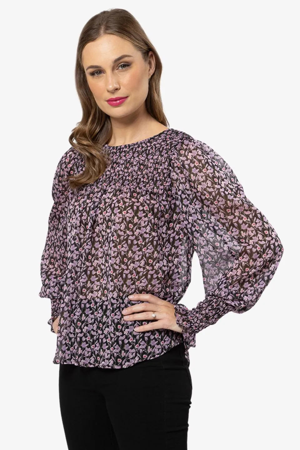 Hugging Black Lilac Iris Shirred Bodice LS Top