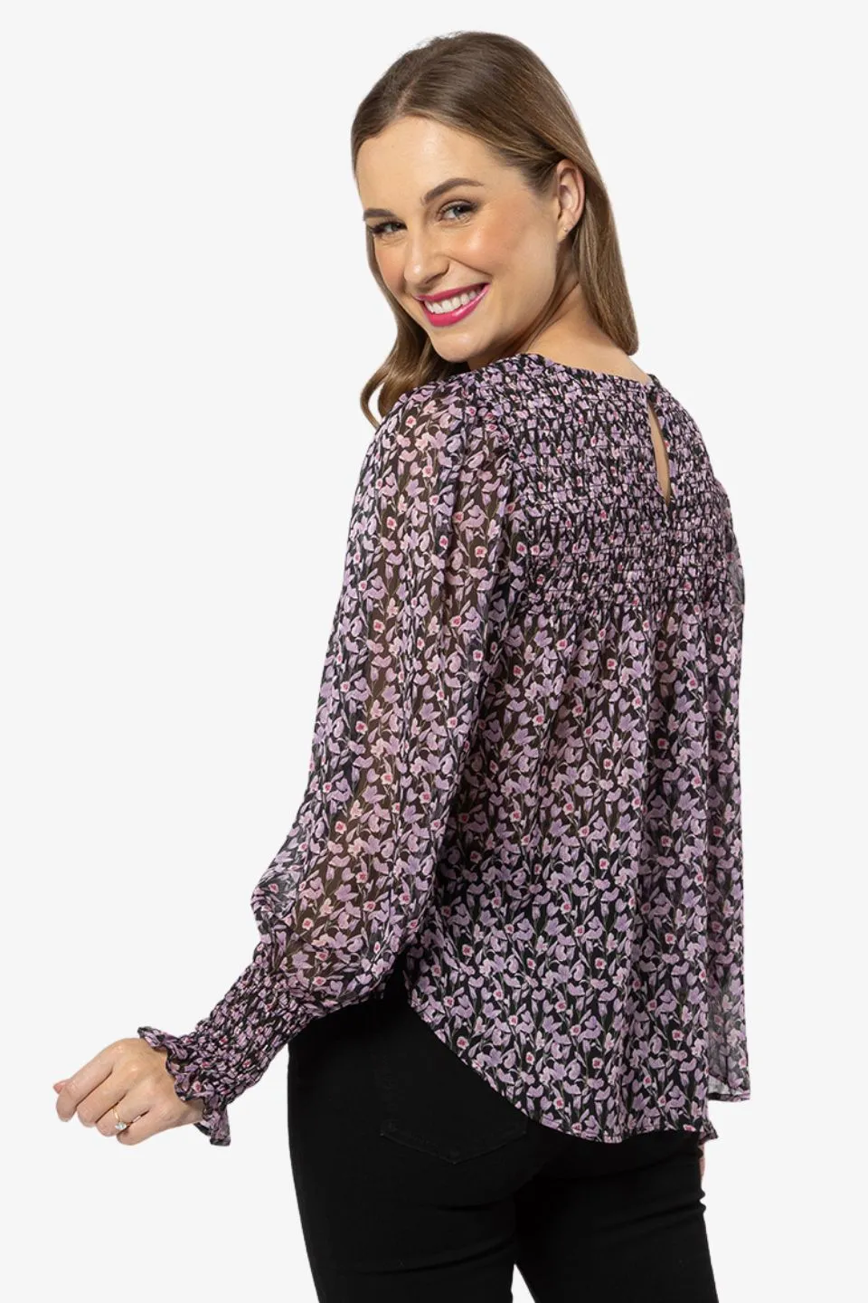 Hugging Black Lilac Iris Shirred Bodice LS Top