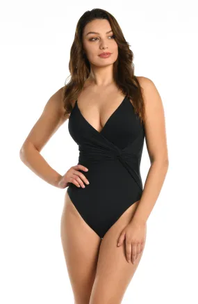 Island Goddess Asymmetrical Twist One Piece - Black