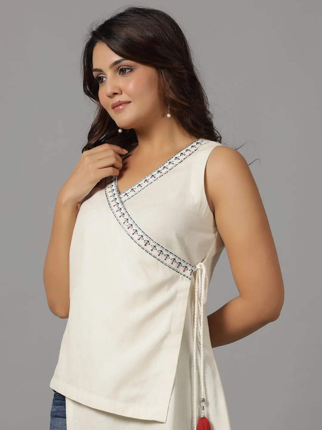 Juniper Off-White Solid With Embroidered Angrakha Cotton Flex Asymmetric Fusion Tunic With Side Tie-Ups