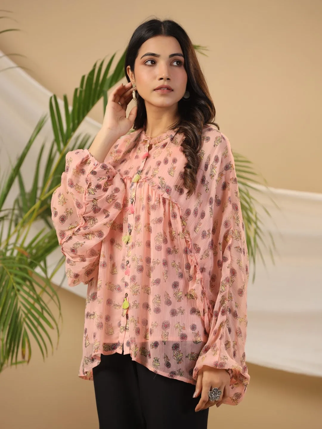 Juniper Peach Floral Printed Chiffon Tunic With Inner