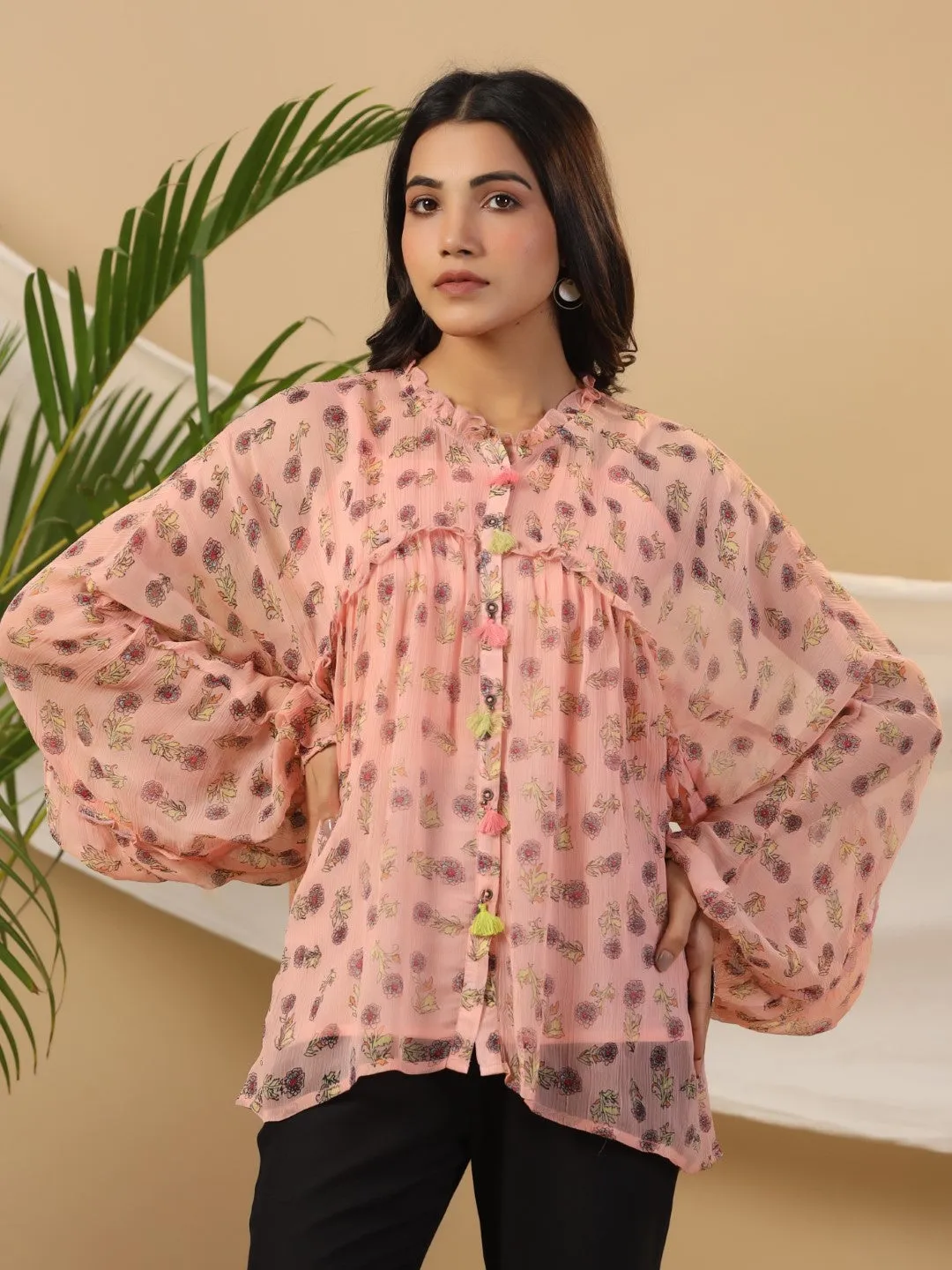 Juniper Peach Floral Printed Chiffon Tunic With Inner