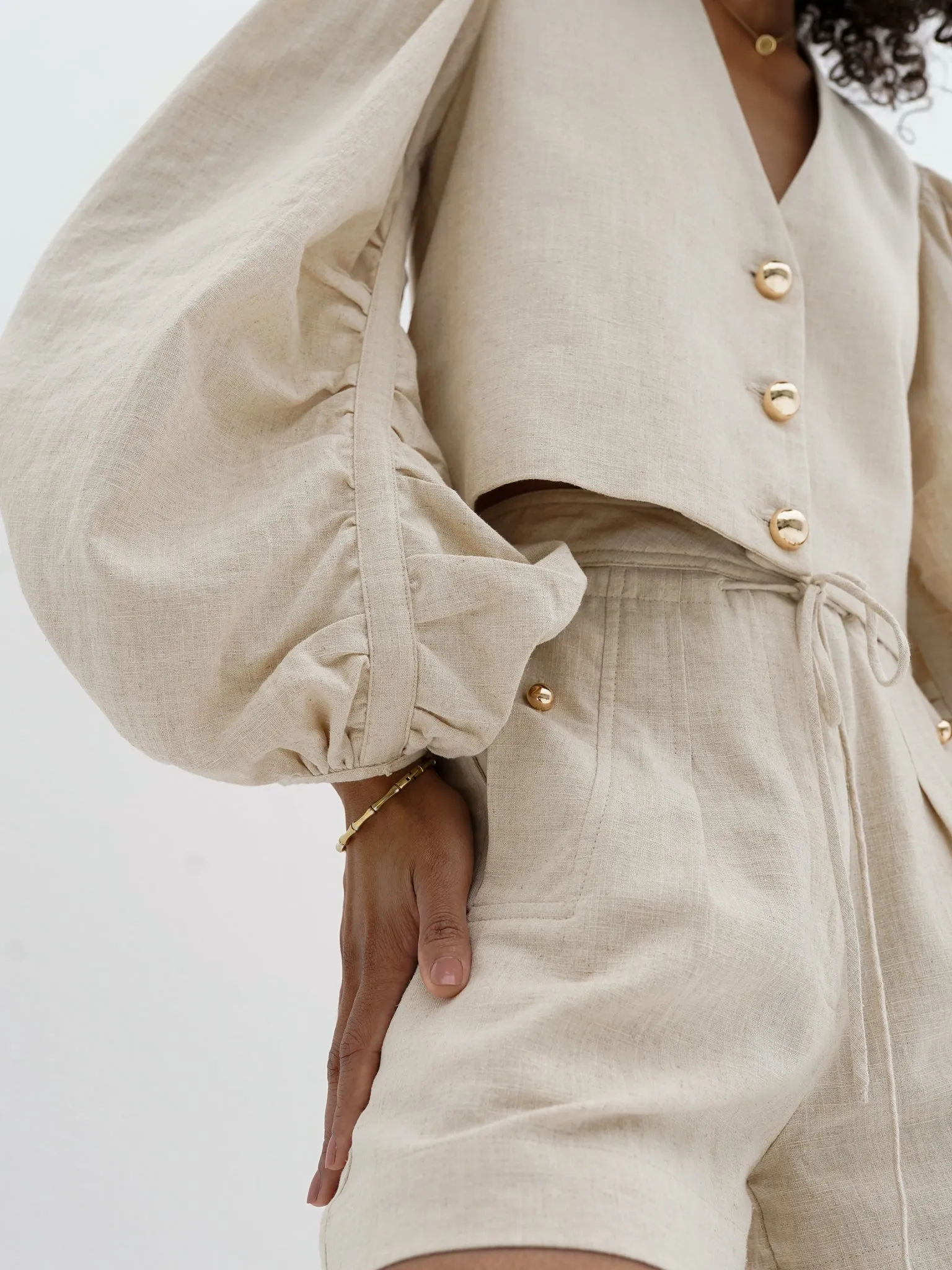 Kaia Volume Sleeve Linen Top | Sand