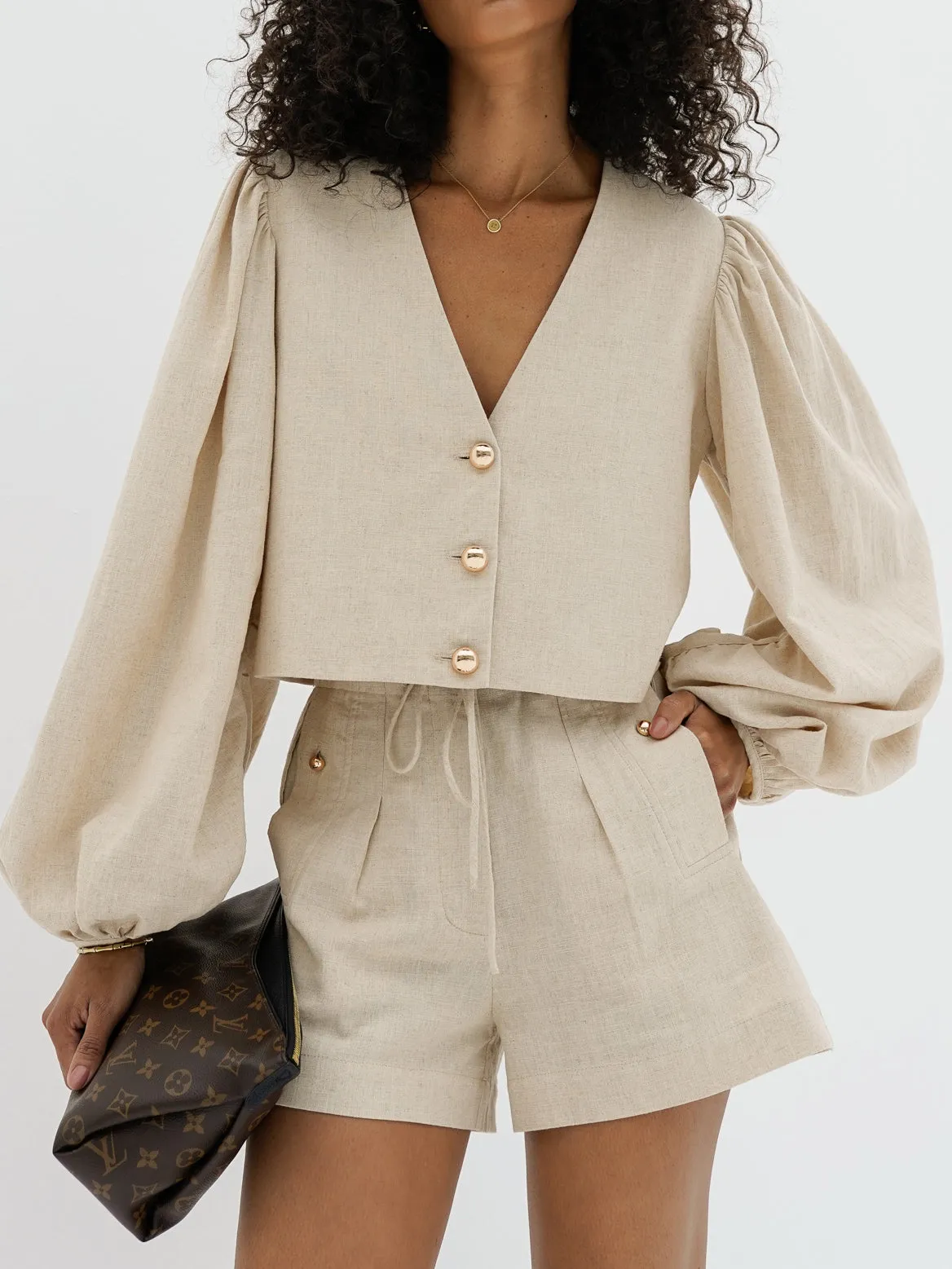 Kaia Volume Sleeve Linen Top | Sand