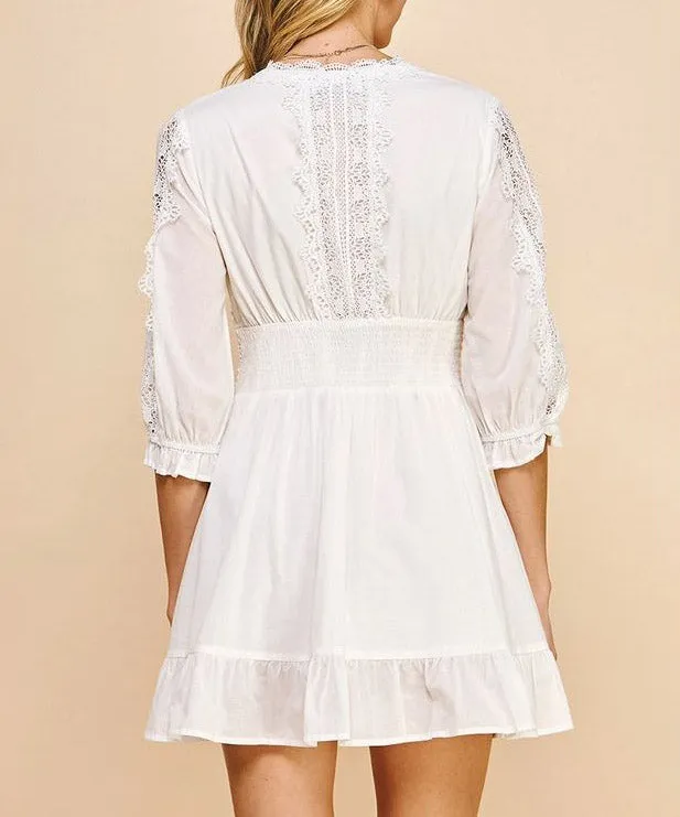 Lace Trim Detail Mini Dress - White