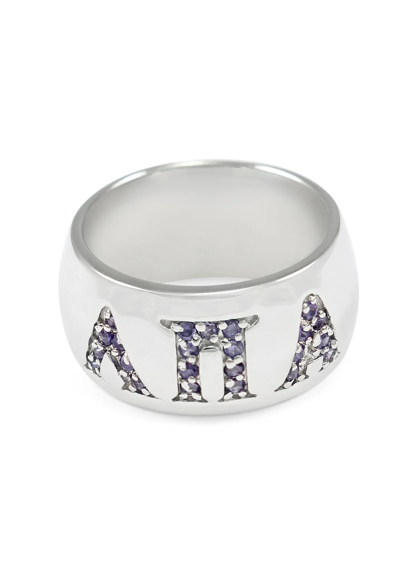 Lambda Pi Alpha sterling silver dome ring with greek letters and purple CZs