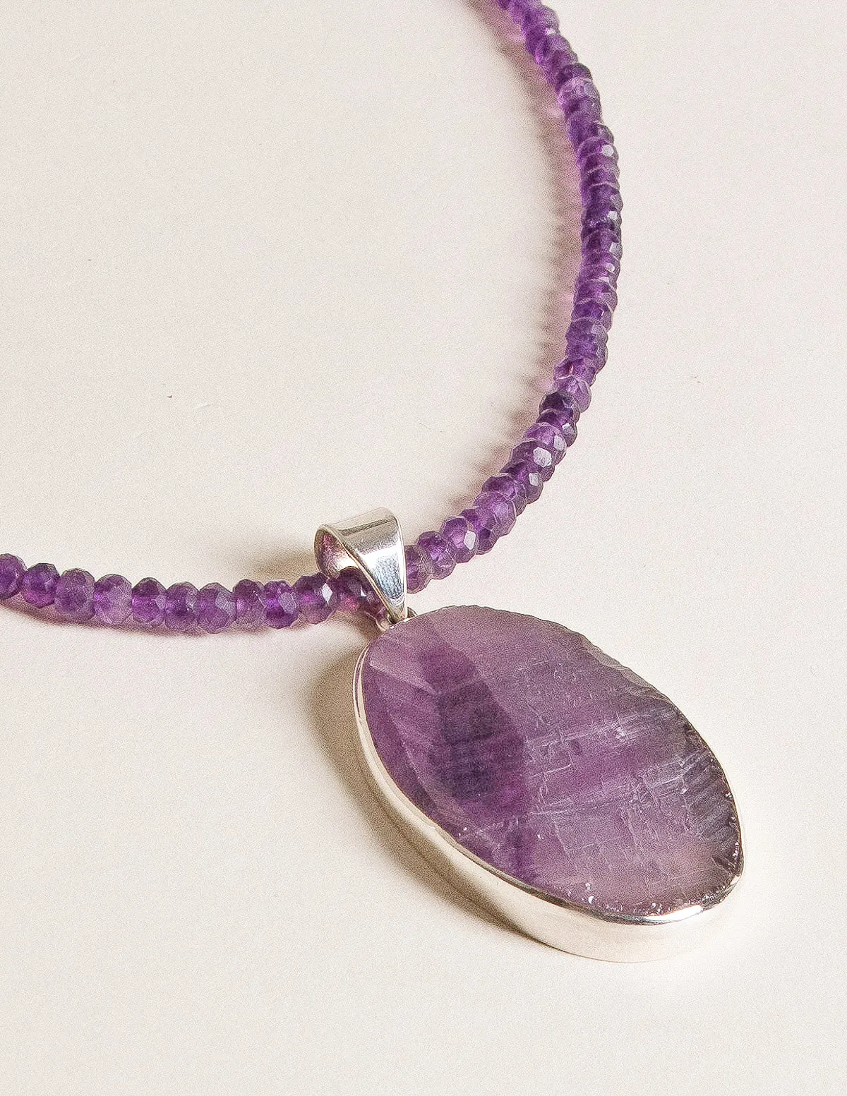 Large Oval Natural Amethyst Pendant Beaded Necklace - One of a Kind