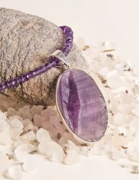 Large Oval Natural Amethyst Pendant Beaded Necklace - One of a Kind