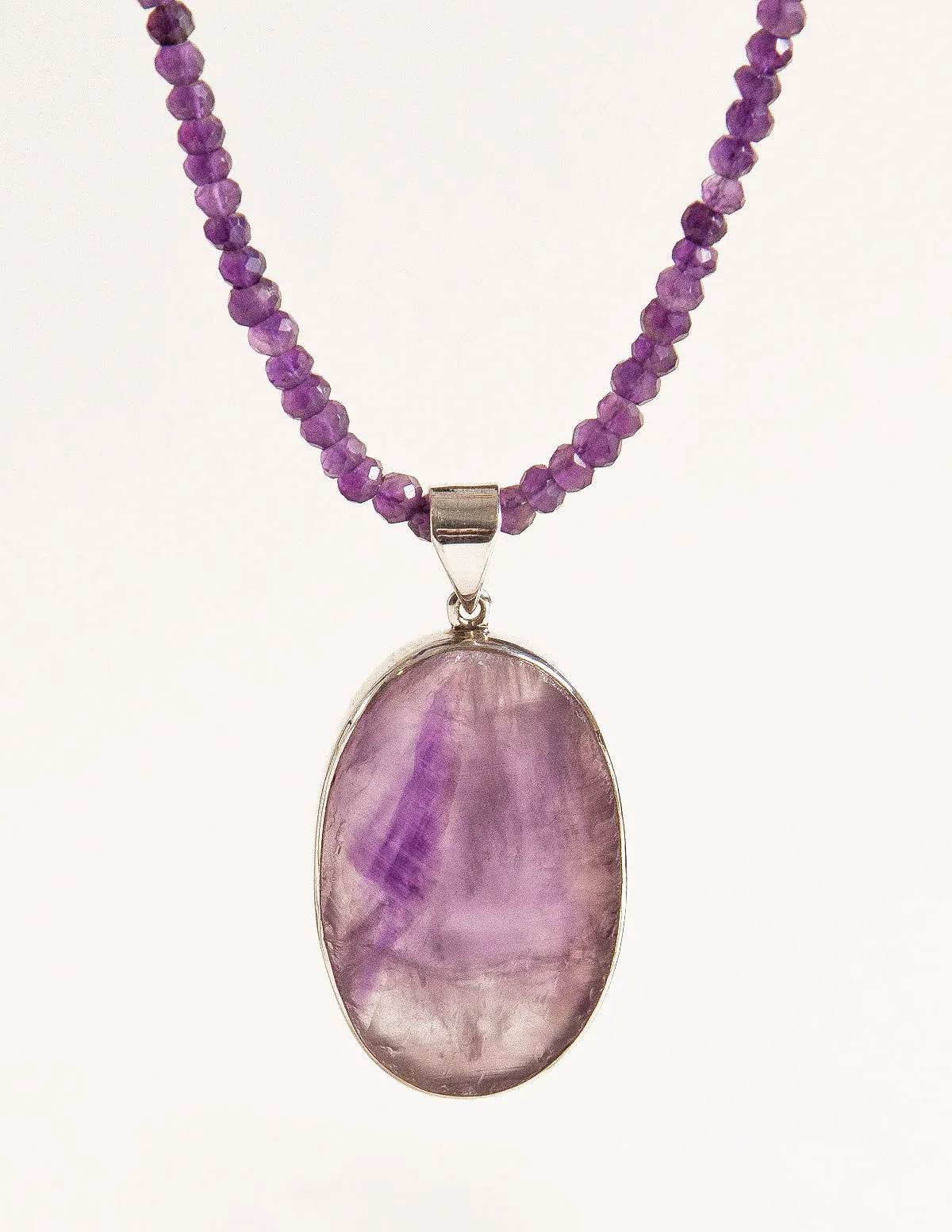 Large Oval Natural Amethyst Pendant Beaded Necklace - One of a Kind