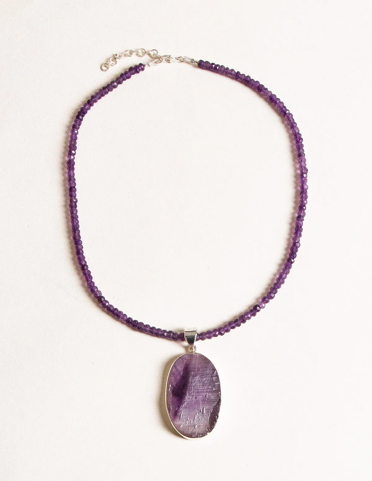 Large Oval Natural Amethyst Pendant Beaded Necklace - One of a Kind