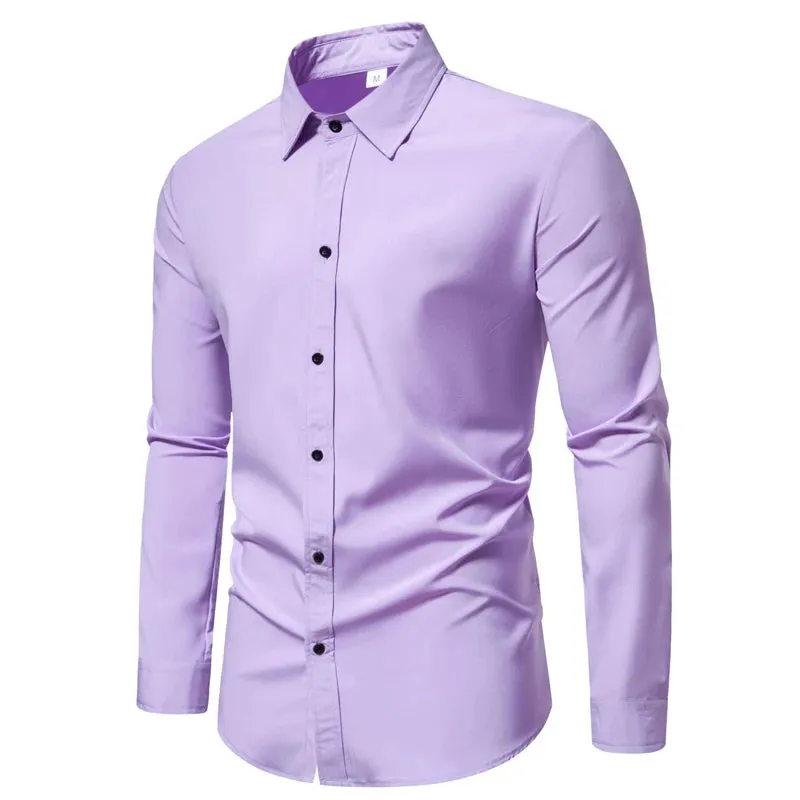 Light Purple Men's Dress Shirts Autumn Regular Fit Long Sleeve Shirt Casual Button Up Top Blouse Chemsie Homme