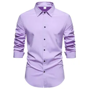 Light Purple Men's Dress Shirts Autumn Regular Fit Long Sleeve Shirt Casual Button Up Top Blouse Chemsie Homme