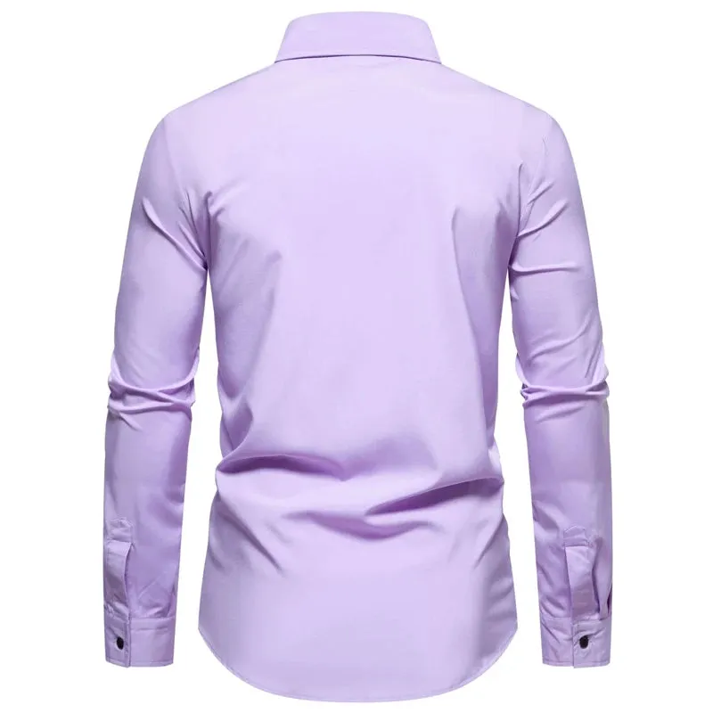 Light Purple Men's Dress Shirts Autumn Regular Fit Long Sleeve Shirt Casual Button Up Top Blouse Chemsie Homme