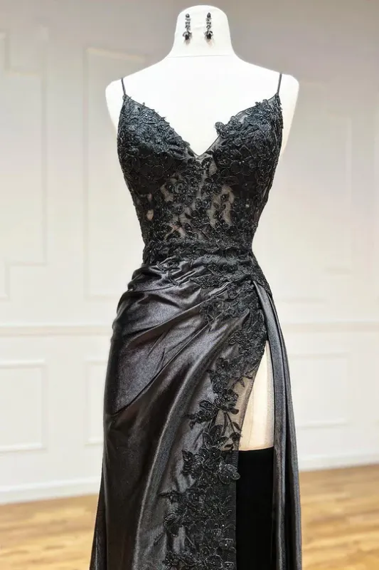 Long Black Lace Printed Prom Dress with High Slit