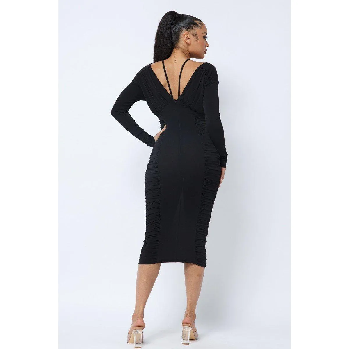 Long Sleeve Midi Dress With Low V Neck Front And Back With Ruching On Sides And Chest