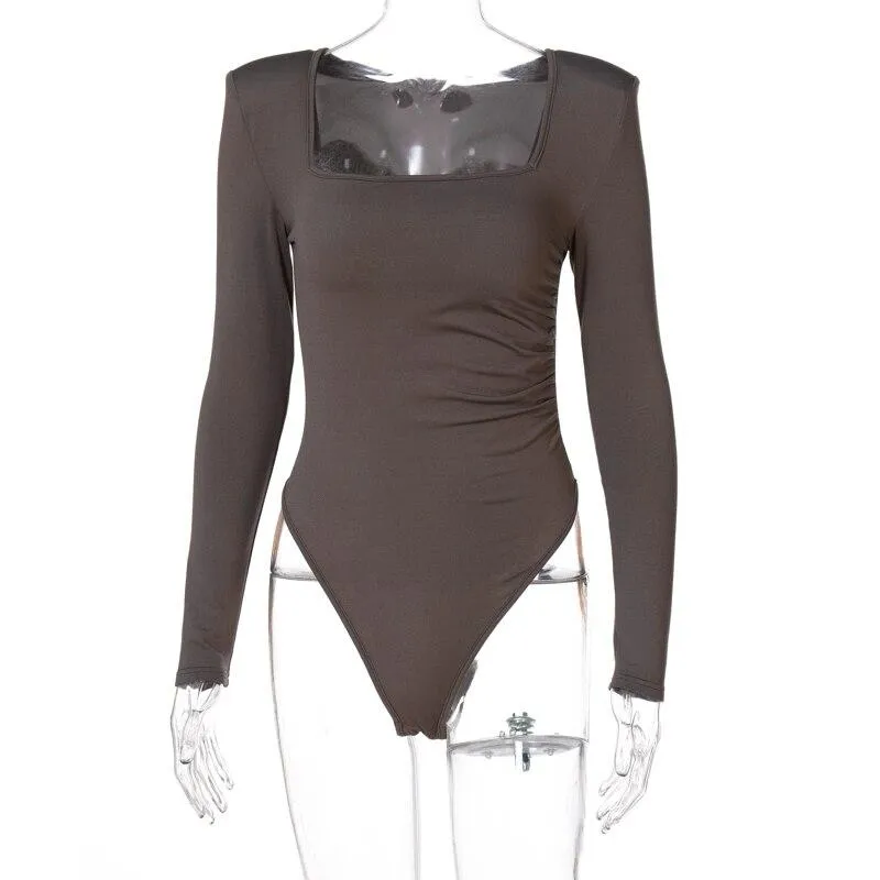 Long Sleeve Solid Square Collar Bodycon Bodysuit