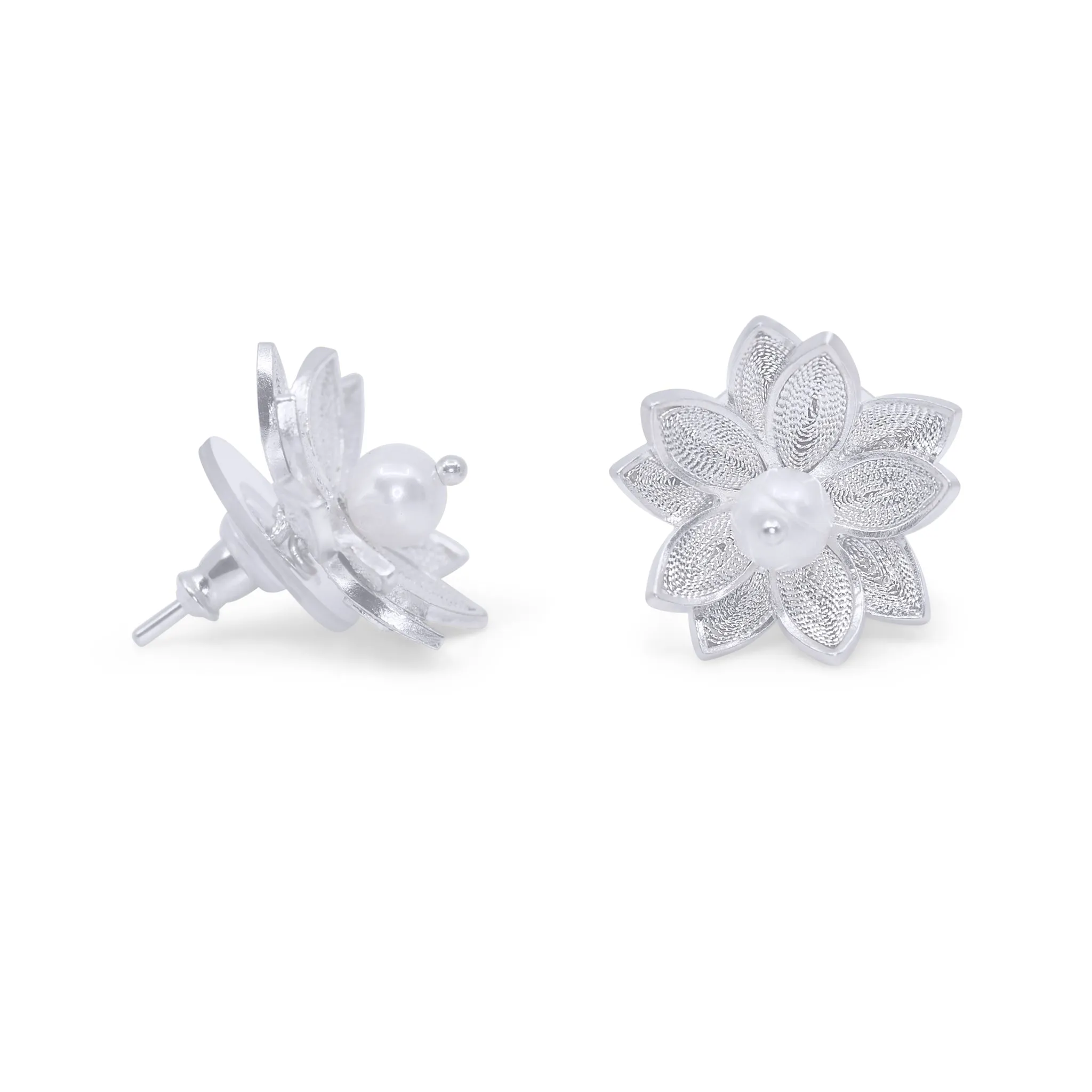 LOTUS PEARL SILVER STUD EARRINGS FILIGREE