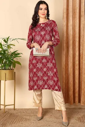 Maroon Viscose Rayon Printed Straight Kurta