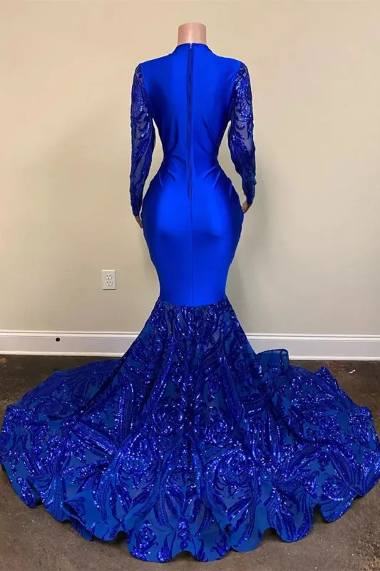 Mermaid Long Sleeves Royal Blue Sequins Prom Dress