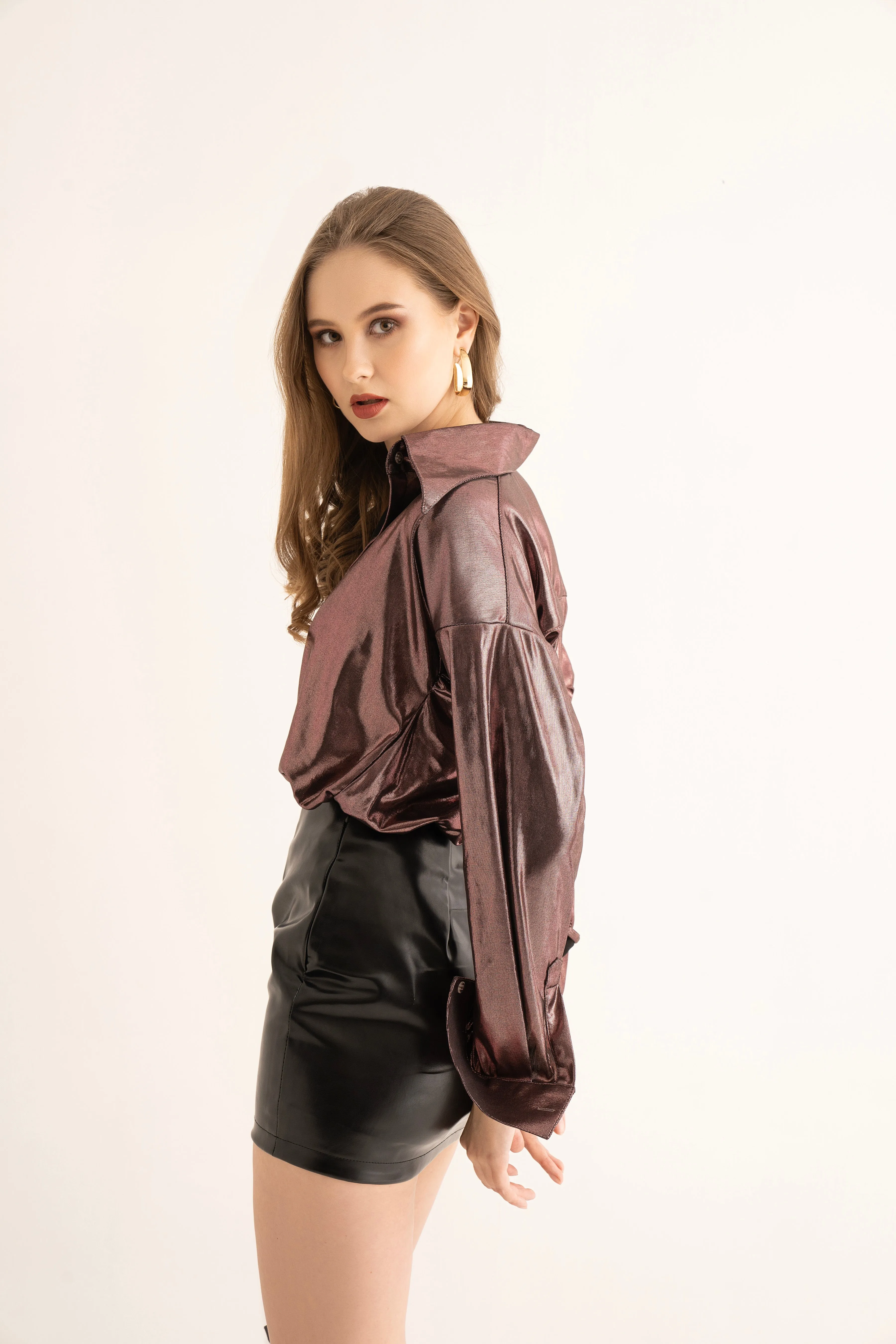 Metallic Copper Oversized Shirt and Black Leather Mini Skirt Co-ord Set