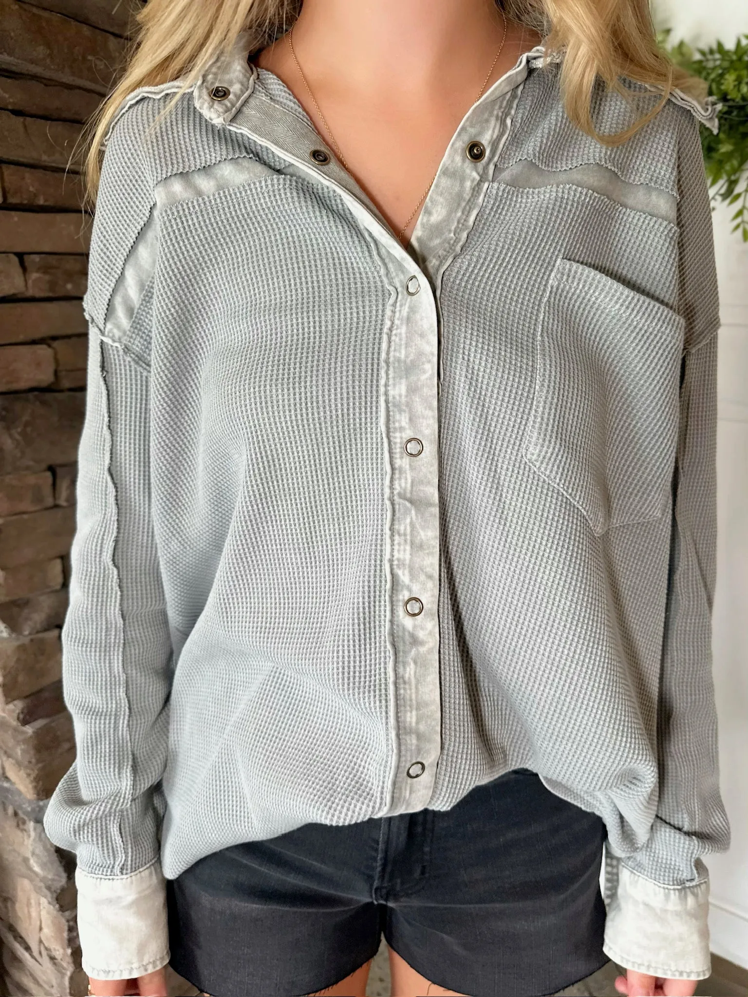 Morning Comes Waffle Knit Vintage Wash Button Down Long Sleeve Top