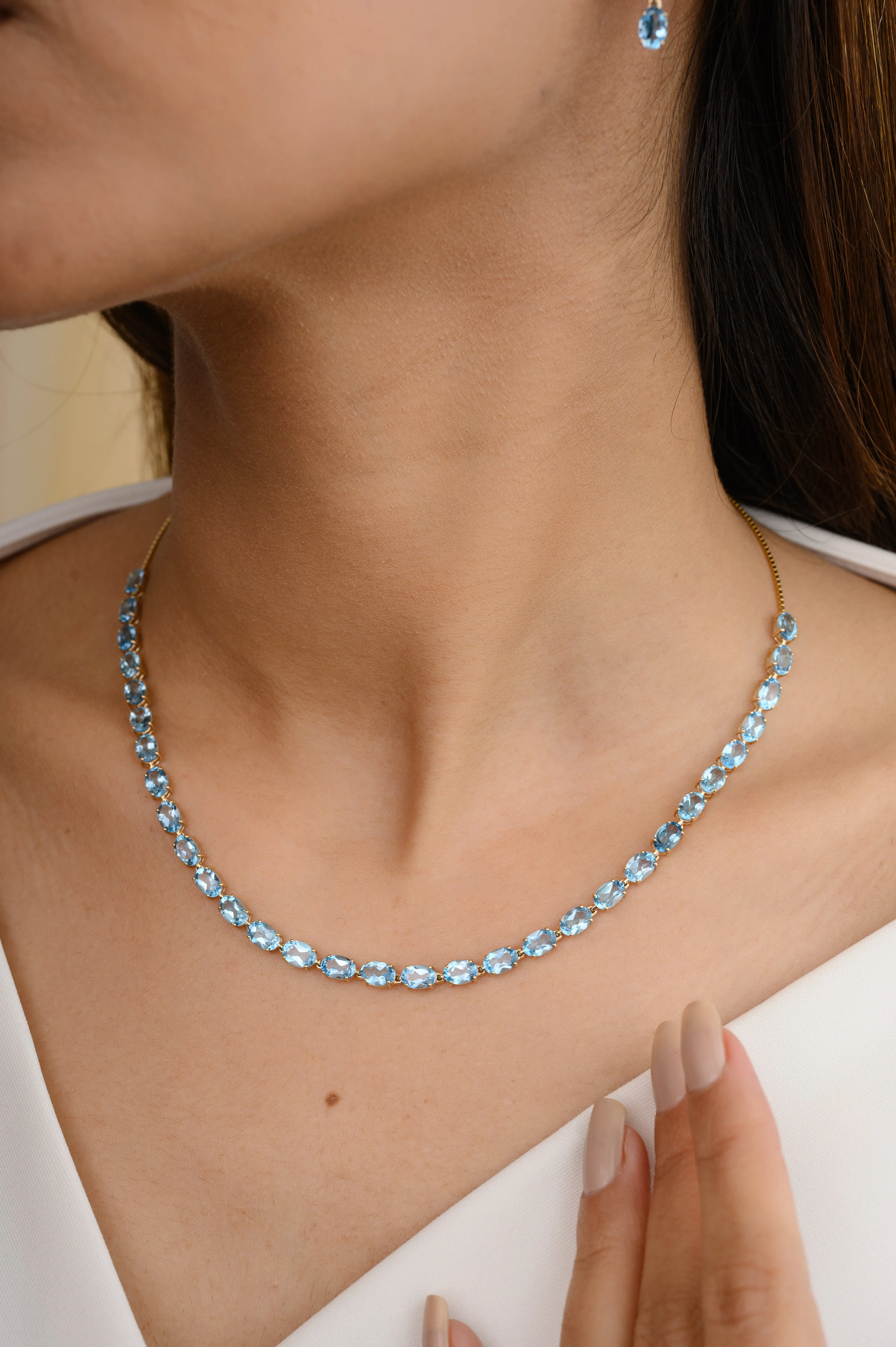 Natural Blue Topaz Gemstone Necklace and Earrings Set