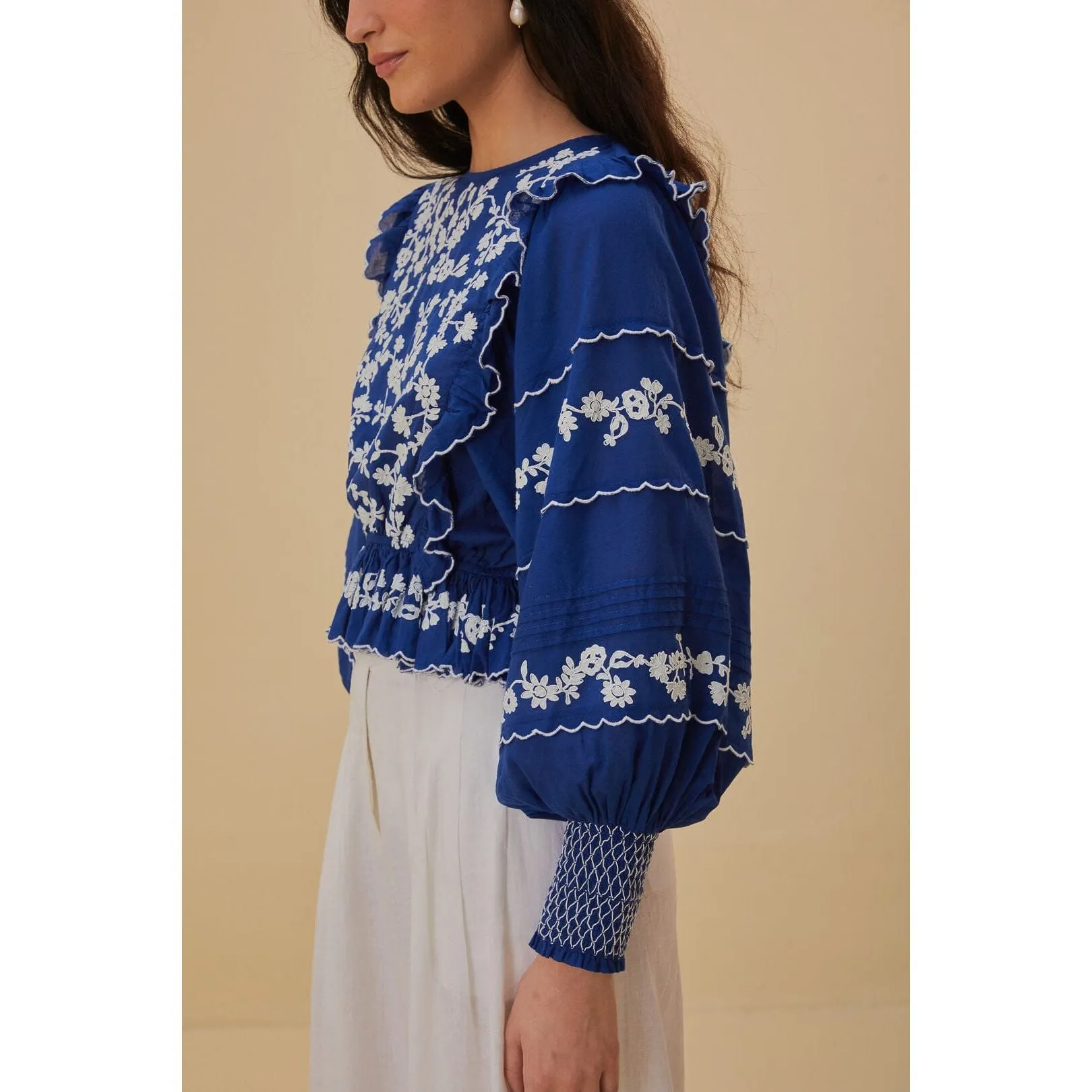 Navy Blue Embroidered Long Sleeve Blouse