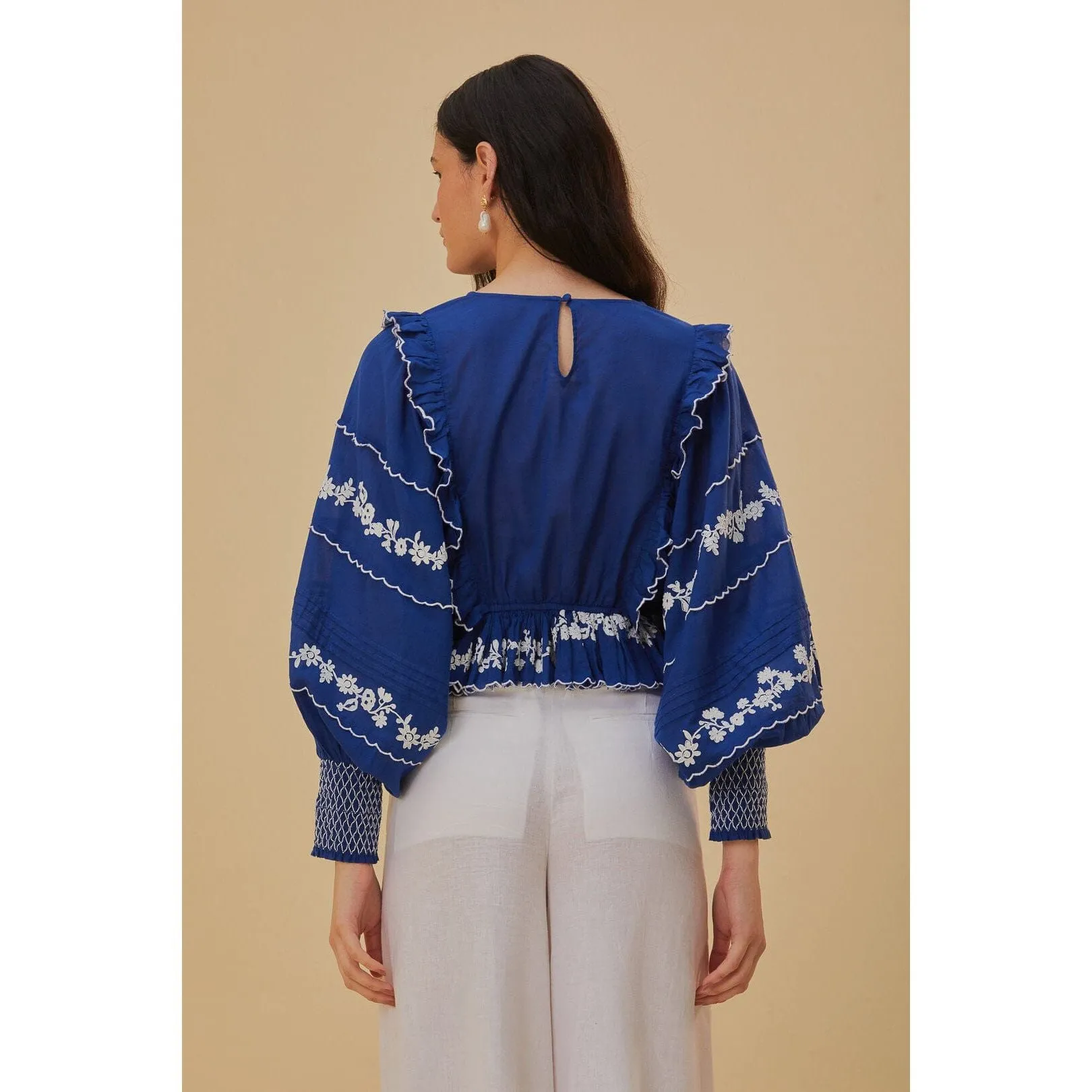 Navy Blue Embroidered Long Sleeve Blouse