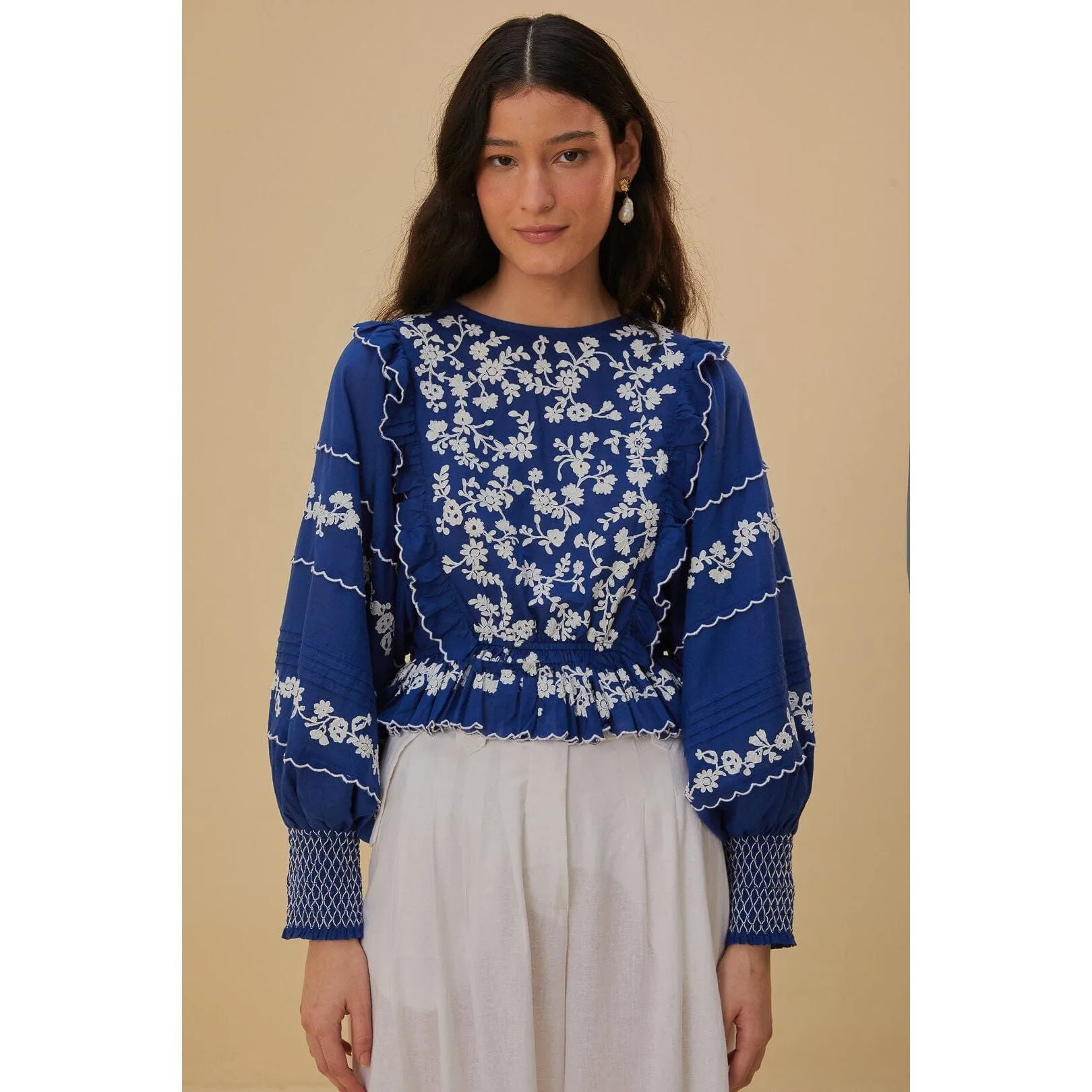 Navy Blue Embroidered Long Sleeve Blouse