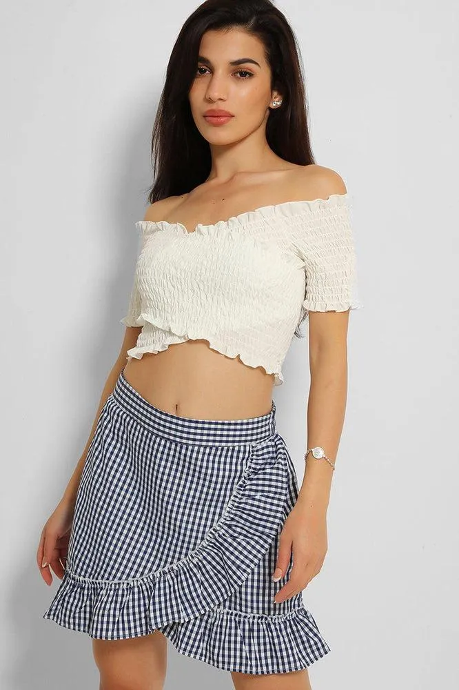 Navy White Check Print Ruffle Hem Wrap Skirt