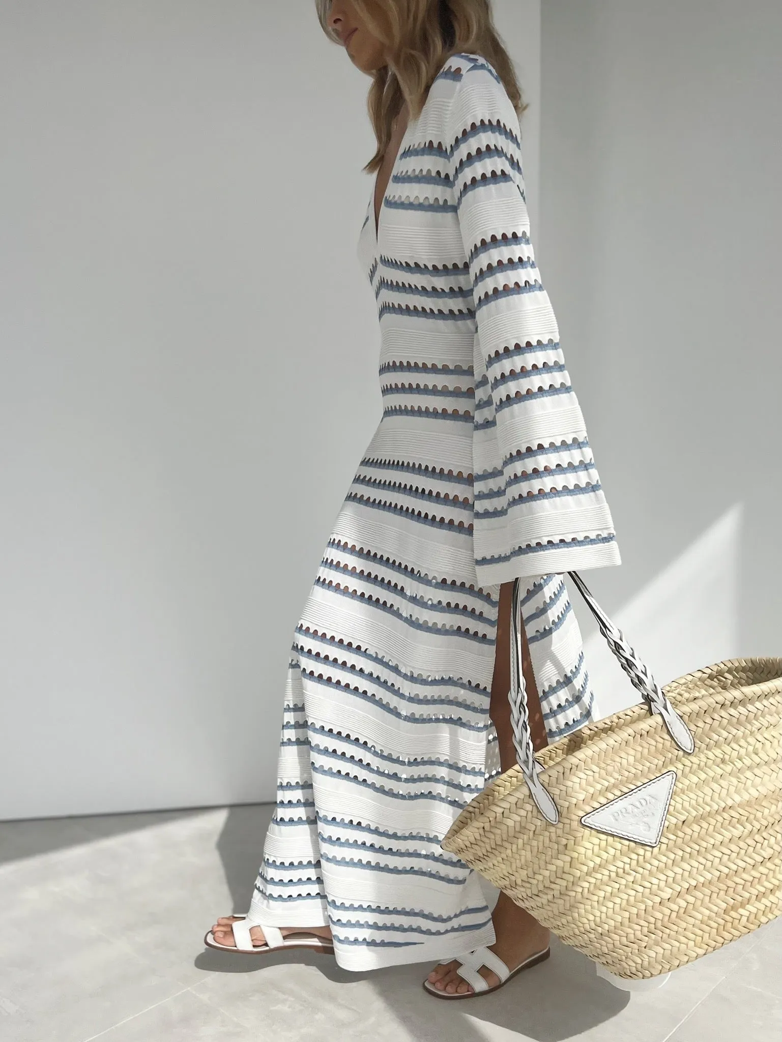 Nina Knitted Stripe Dress | White & Blue