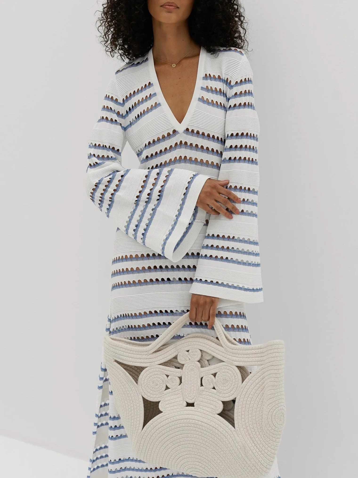 Nina Knitted Stripe Dress | White & Blue