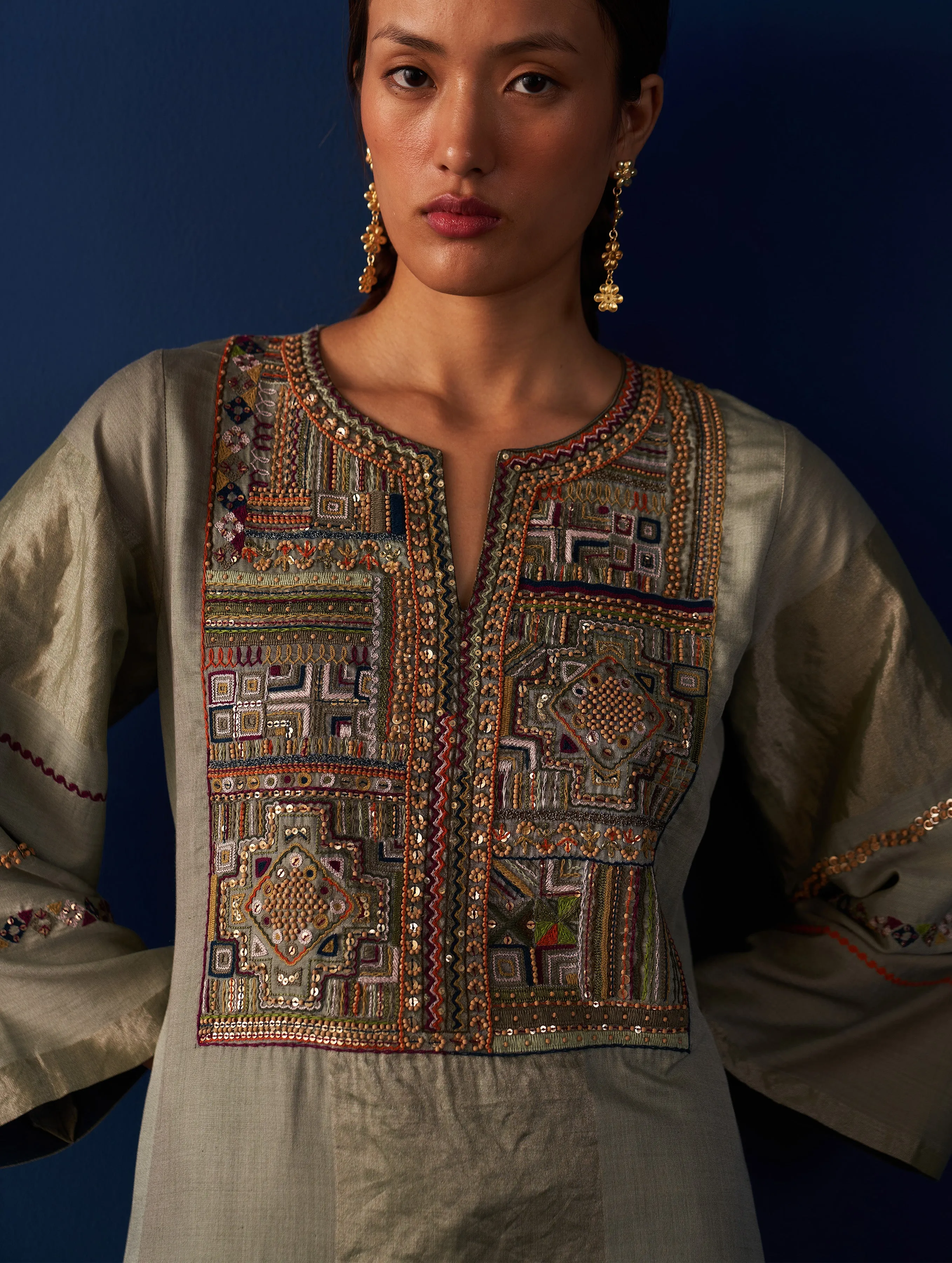 Nira Hand-Embroidered Kurta Set - Sage Grey