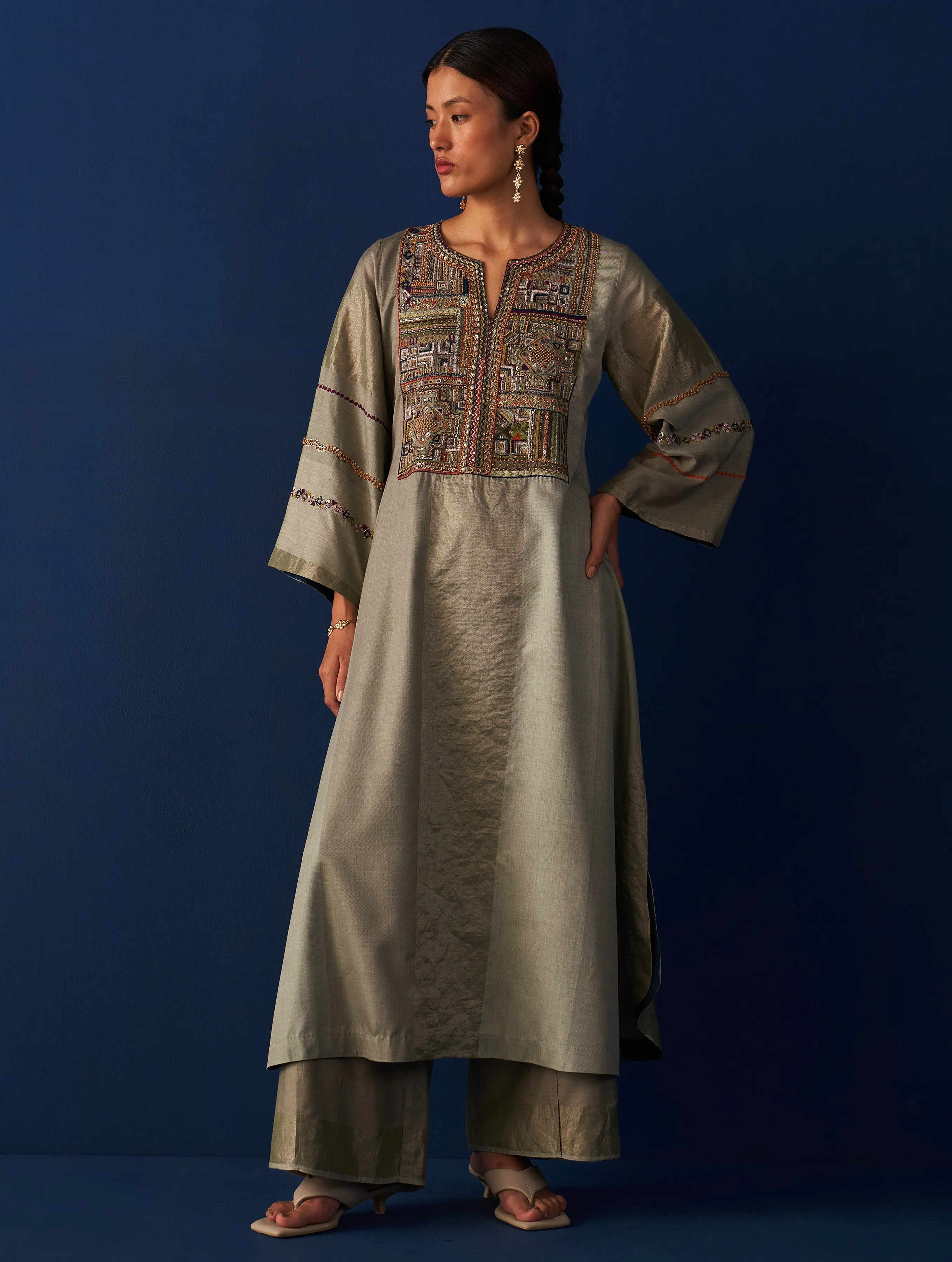 Nira Hand-Embroidered Kurta Set - Sage Grey