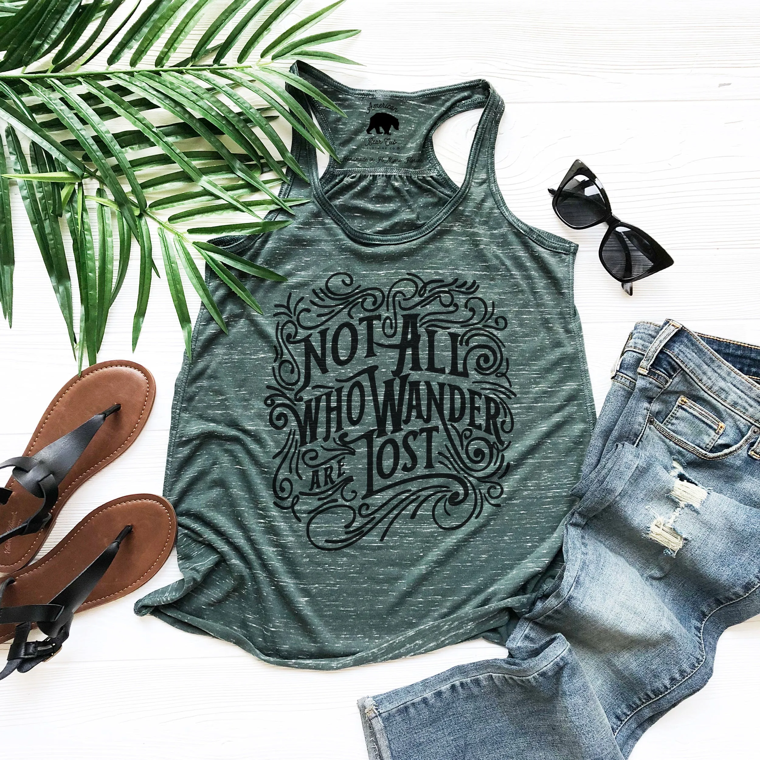 Not All Who Wander Are Lost flowy racerback tank tops