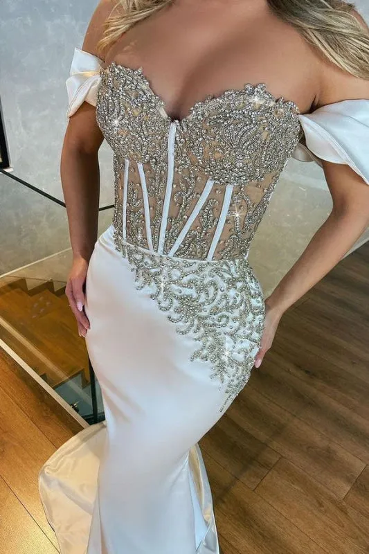 Off-The-Shoulder Appliques Long Mermaid Prom Dress in Beautiful White