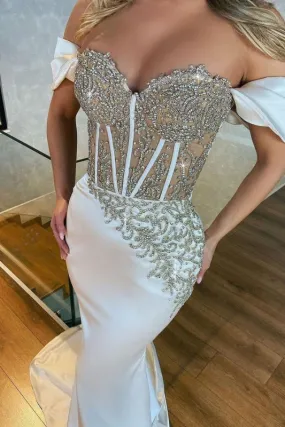 Off-The-Shoulder Appliques Long Mermaid Prom Dress in Beautiful White